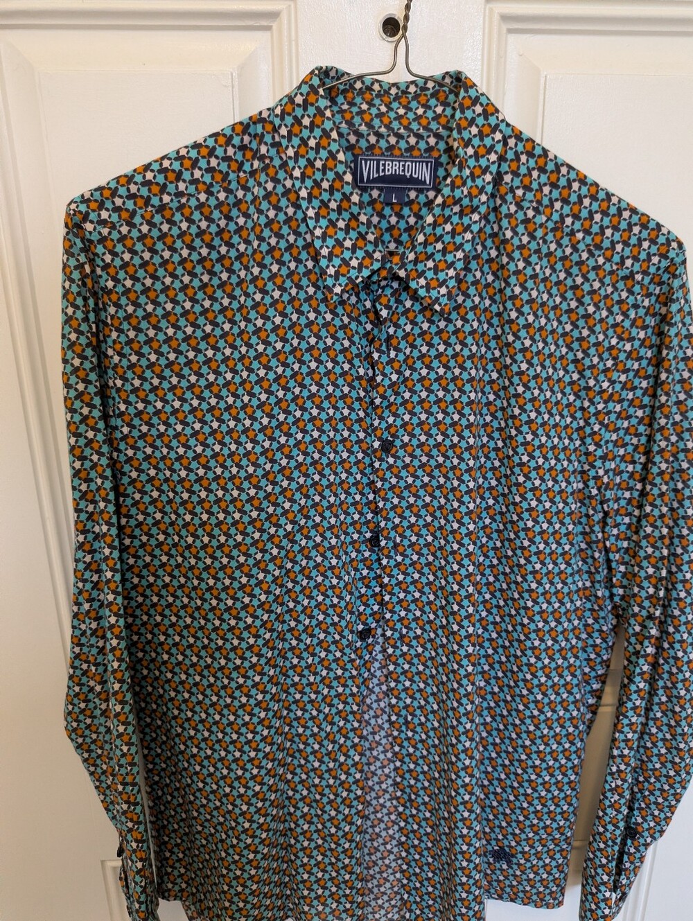 Vilebrequin Mens Geometric Turtle Print Long Sleeve Button Down Shirt L
